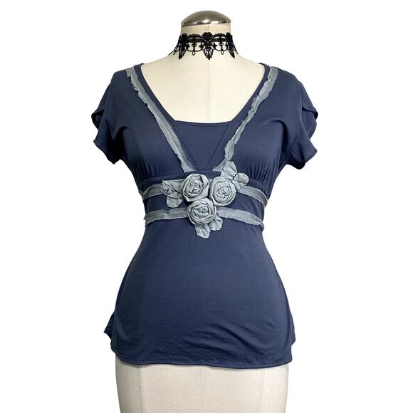 Deletta Coquette Cottage Core Tie Back Blue Rose Blouse - Picture 1 of 11